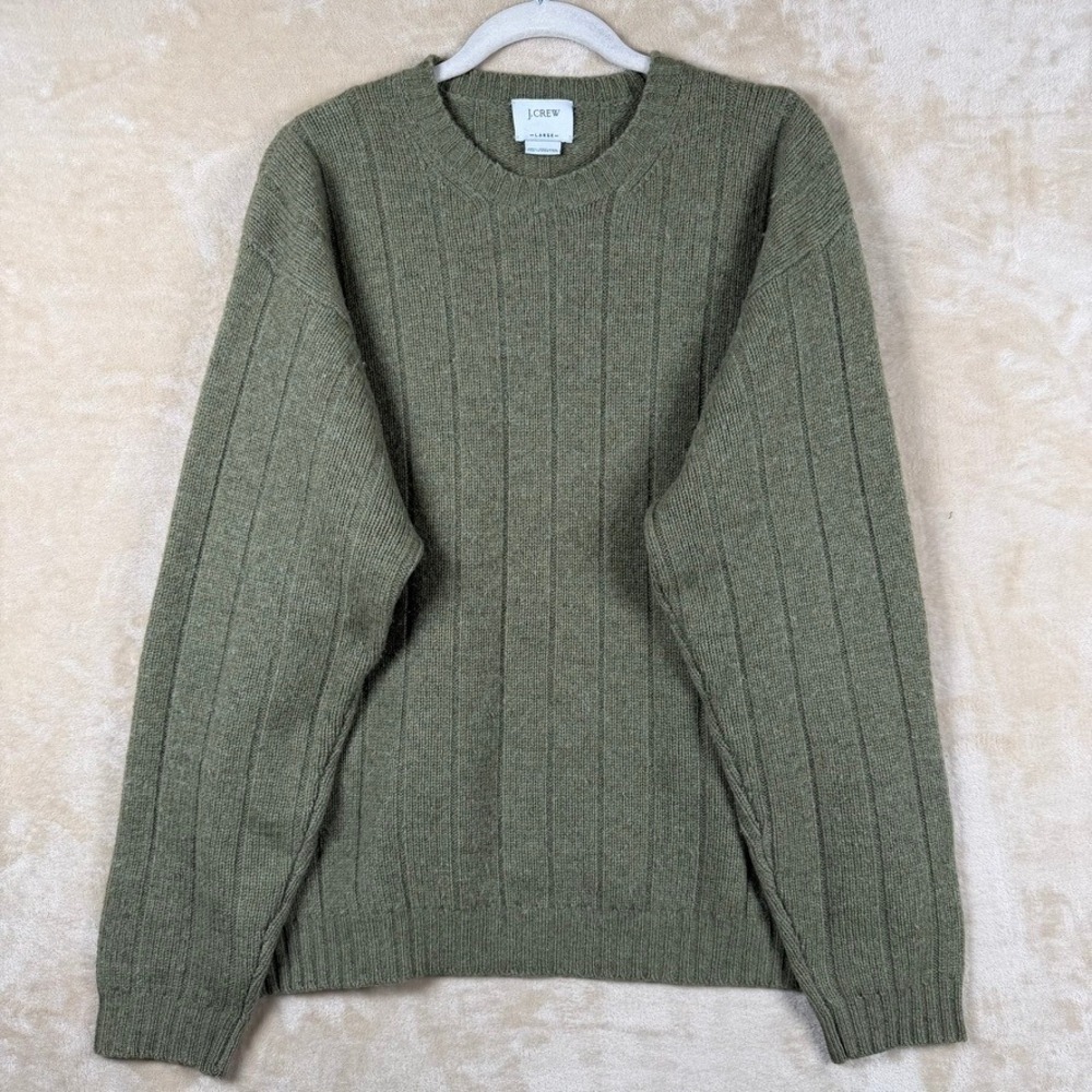 J. Crew Mens L Olive Green 100% Lambswool Ribbed Crew Neck Sweater Earthy Woolen